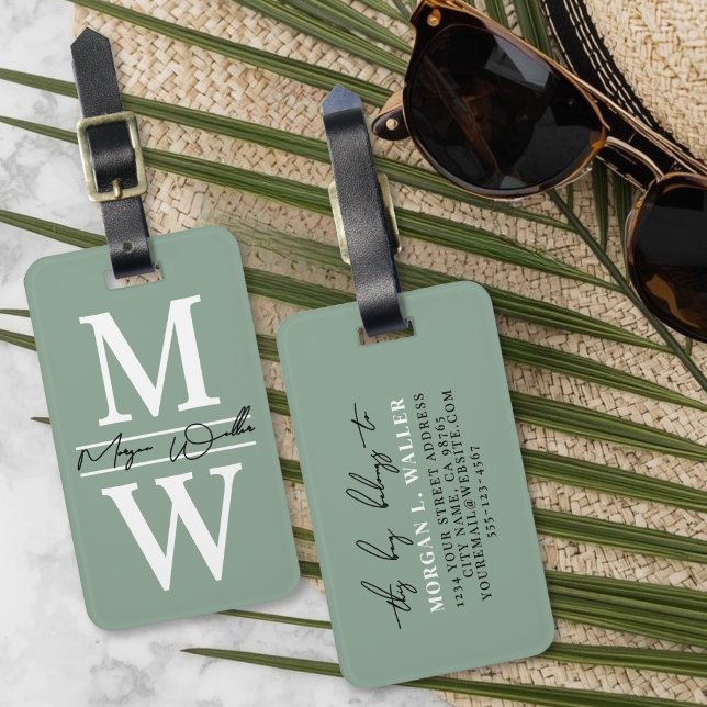 Modern Custom Sage Green Monogram Name Luggage Tag (Modern Custom Sage Green Monogram Name Luggage Tag)