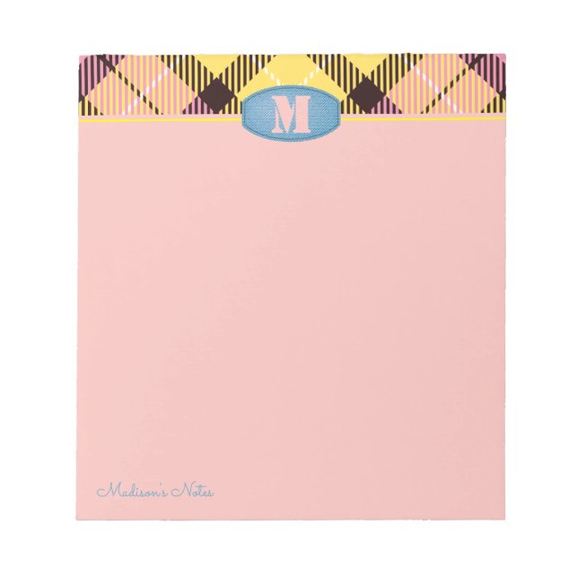 Modern Custom Script Monogram Tartan Jeans Pink Notepad (Front)