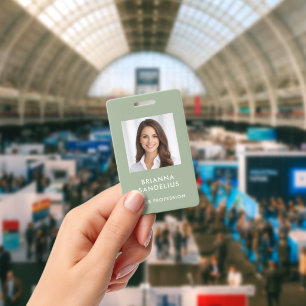 Modern Custom Script Sage Green Photo ID Name Badge
