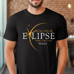 Modern Custom State 2024 Texas Total Solar Eclipse T-Shirt<br><div class="desc">Introducing our Modern Black & Gold 2024 Texas Total Solar Eclipse Custom T-Shirt, a stylish and commemorative piece for this rare celestial event. this shirt captures the elegance and excitement of the total solar eclipse. With the year 2024 boldly displayed, along with the location of Texas, it serves as a...</div>