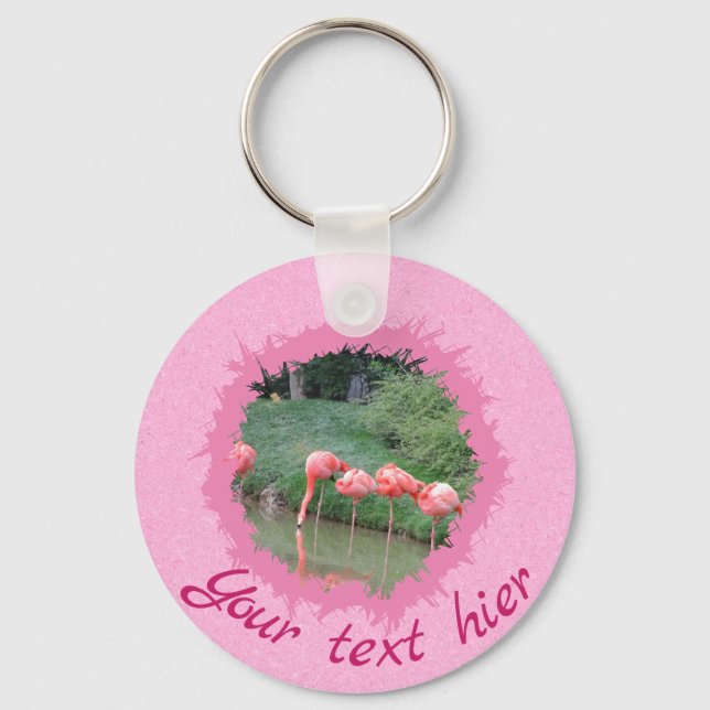 Modern custom text and 2 photo on pink pattern keychain (Front)