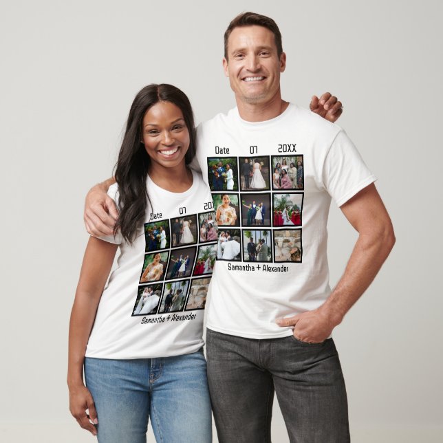 Modern Custom Wedding Anniversary 9 Photo Collage T-Shirt (Unisex)