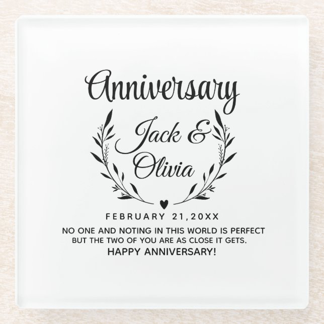 Modern Custom Wedding Couple Name Date Black Glass Coaster (Front)