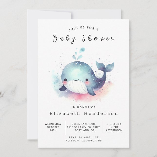 Modern Custom Whale Baby Shower Invitation (Front)