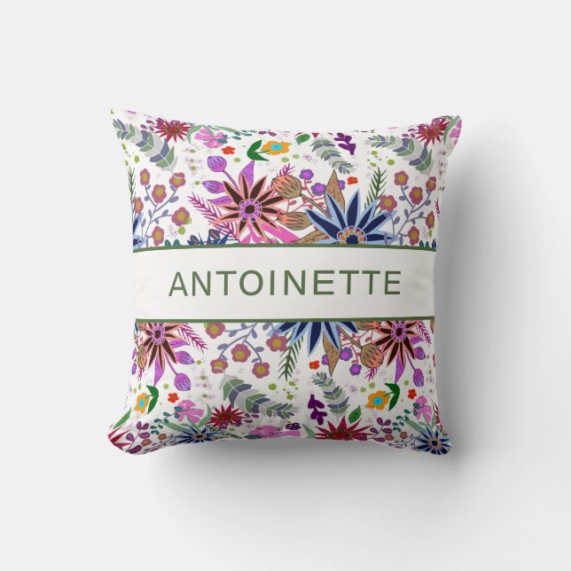 Modern customisable name colourful floral  throw pillow (Front)
