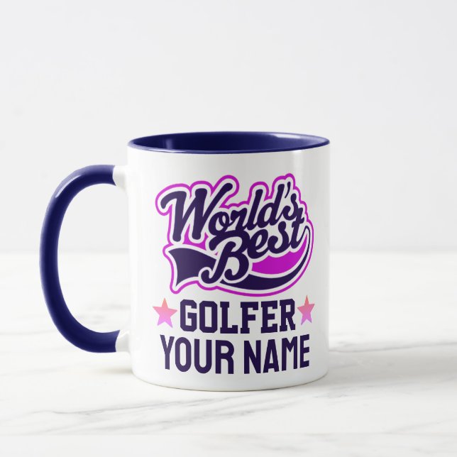 Modern Customized Golfer Name Blue Text Mug (Left)