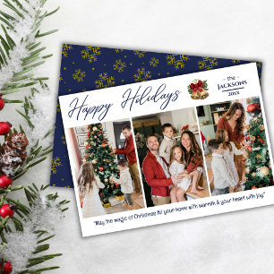 Modern cute 3-photo collage elegant blue Christmas Holiday Card