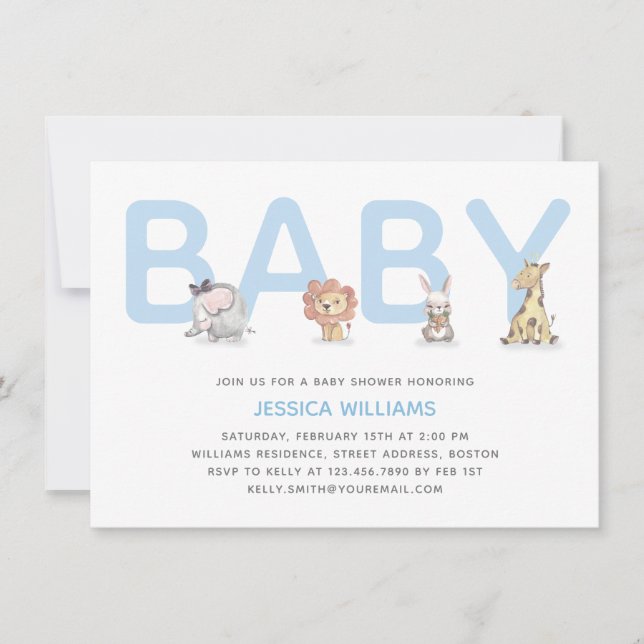 Modern Cute Animal Blue Boy Baby Shower Invitation (Front)