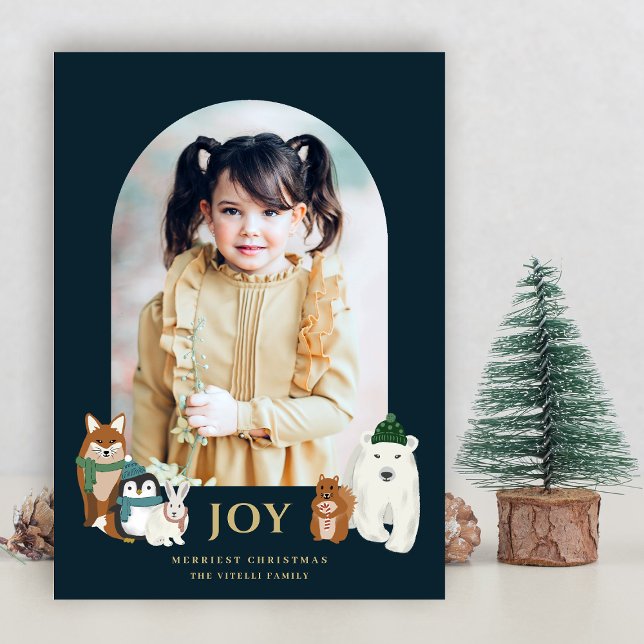 Modern Cute Animals Arch Photo Christmas | Navy Holiday Card (Creator Uploaded)