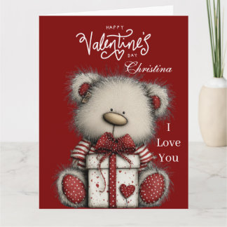 Modern Cute Bear Happy Valentines Day Custom Name  Card