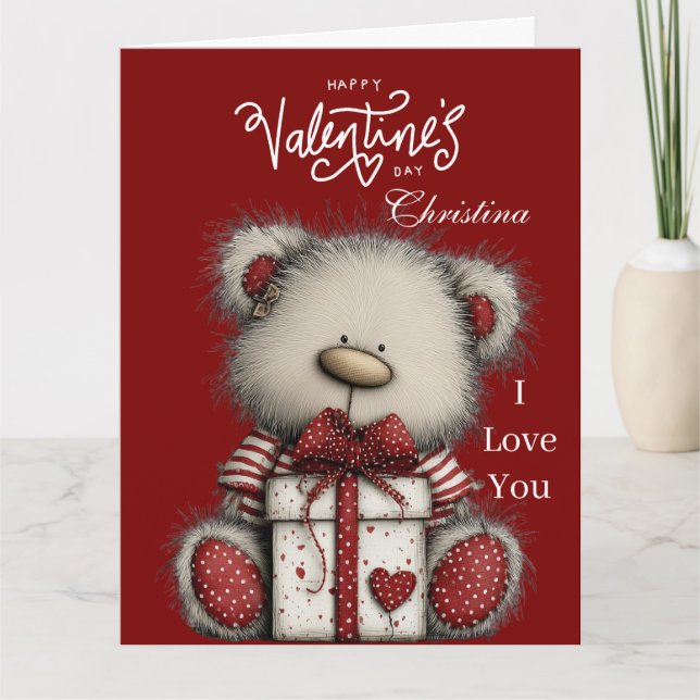 Modern Cute Bear Happy Valentines Day Custom Name  Card (Front)