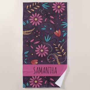 Modern Cute Big Floral Pattern Personalised Beach Towel