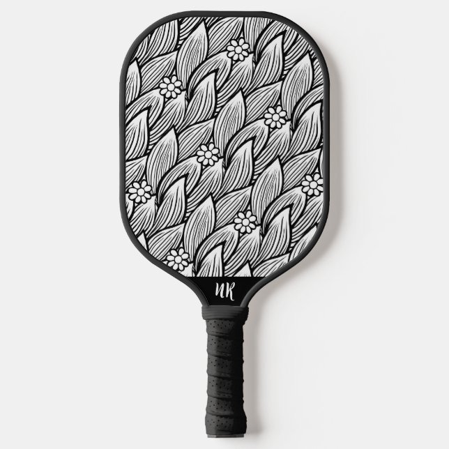    Modern Cute Black And White Hippie Daisy Floral Pickleball Paddle (Front)