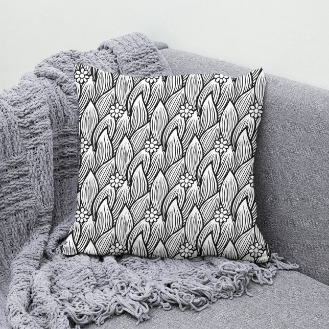  Modern & Cute Black And White Hippie Daisy Floral Throw Pillow (Creator Uploaded)