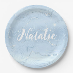 Modern Cute Blue Glitter Marble Personalized Name Paper Plate