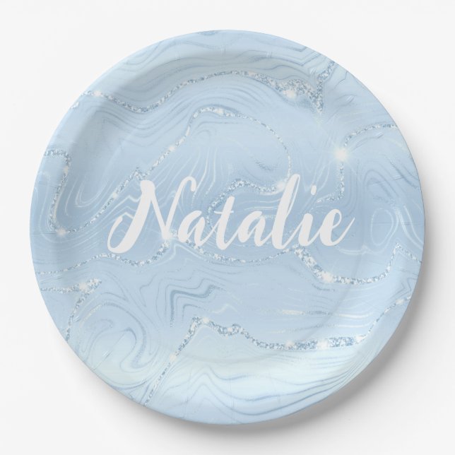 Modern Cute Blue Glitter Marble Personalized Name  Paper Plate (Front)