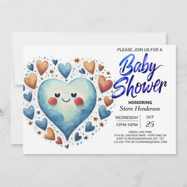 Modern Cute Blue Hearts Watercolor Boy Baby Shower Invitation (Front)