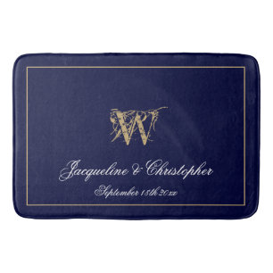 Modern Cute Blue Monogram Names Newlywed Wedding Bath Mat