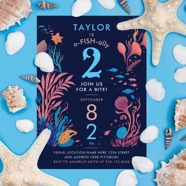 Modern Cute Blue Ocean Nautical Fish Kids Birthday Invitation (Creator Uploaded)