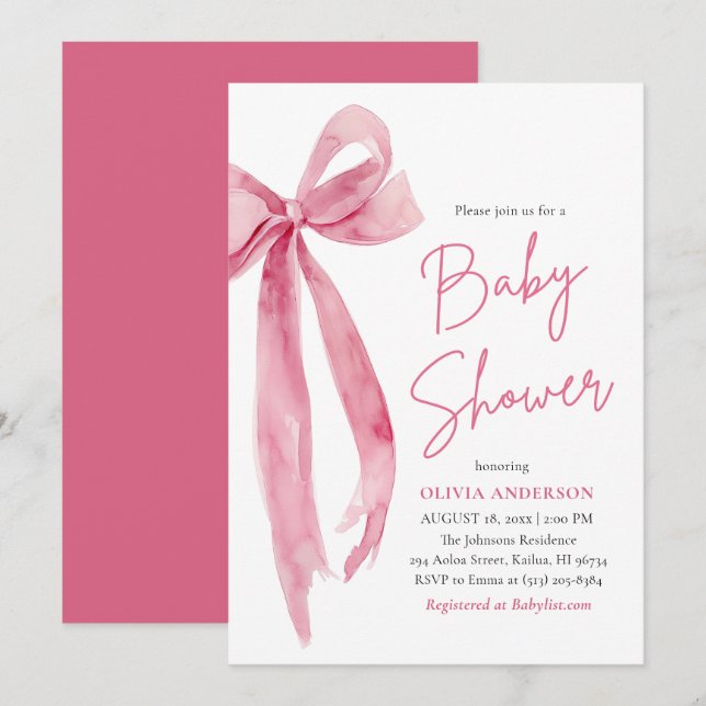 Modern Cute Blush Pink Bow Baby Shower Invitation (Front/Back)