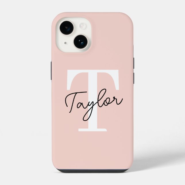 Modern Cute Blush Pink Monogram Name Girly Script iPhone Case (Back)
