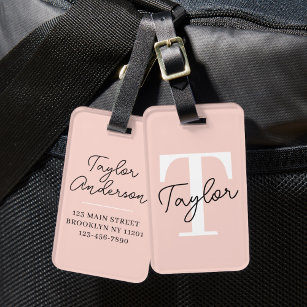 Modern Cute Blush Pink Monogram Name Girly Script Luggage Tag