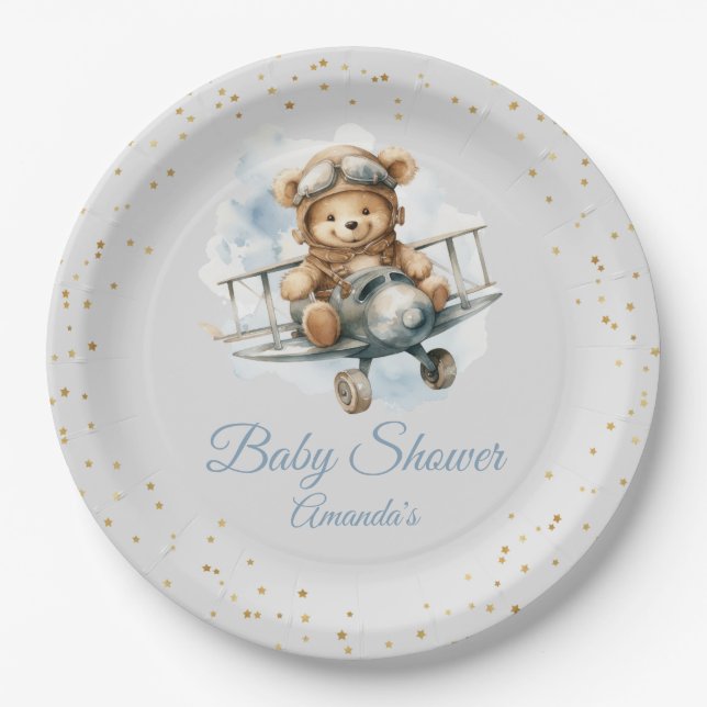 Modern cute Boho Blue Teddy Bear Boy baby shower  Paper Plate (Front)
