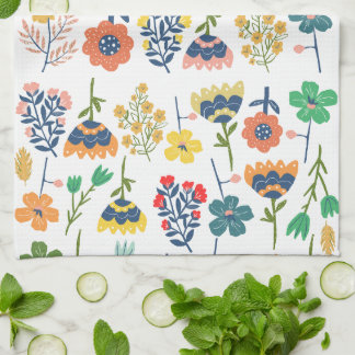 Modern cute botanical pattern Pink Blue yellow Kitchen Towel