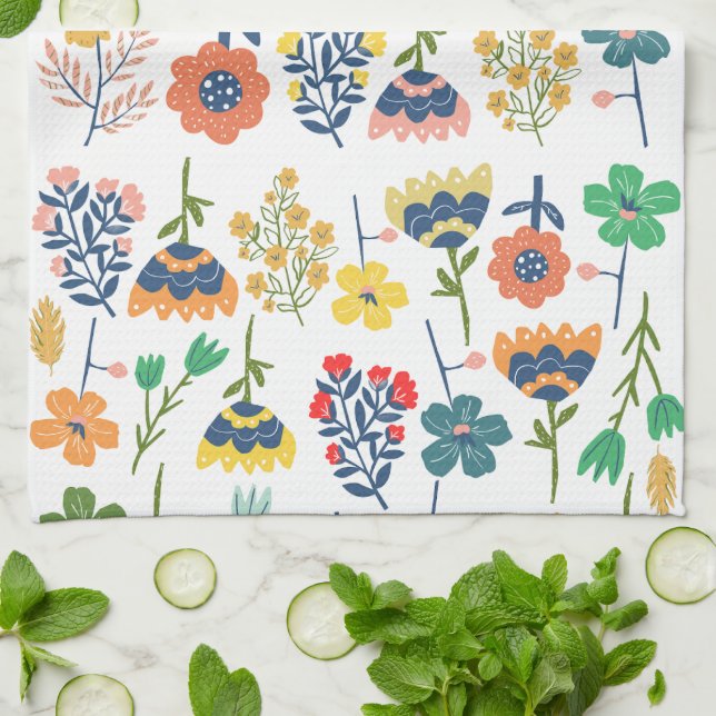 Modern cute botanical pattern Pink Blue yellow Kitchen Towel (Folded)