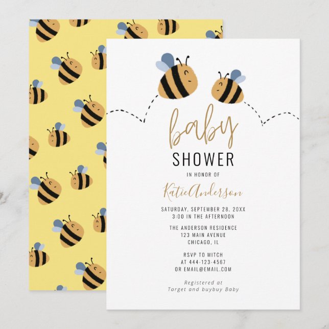 Modern Cute Bumble Bee Baby Shower Invitation (Front/Back)