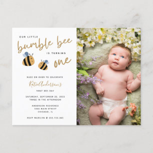 Modern Cute Bumblebee First Birthday Invitation Postcard