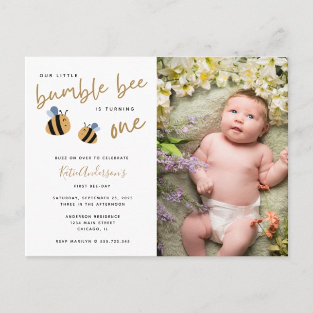 Modern Cute Bumblebee First Birthday Invitation Postcard (Front)