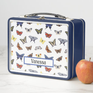 Modern Cute Butterfly Pattern Personalized Name  Metal Lunch Box