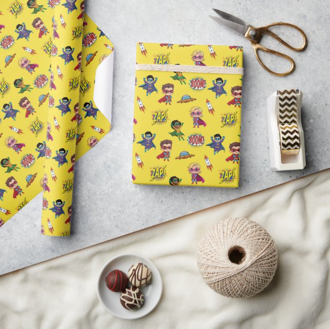 Modern Cute Cartoon Superhero Comic Yellow Pattern Wrapping Paper (Crafts)