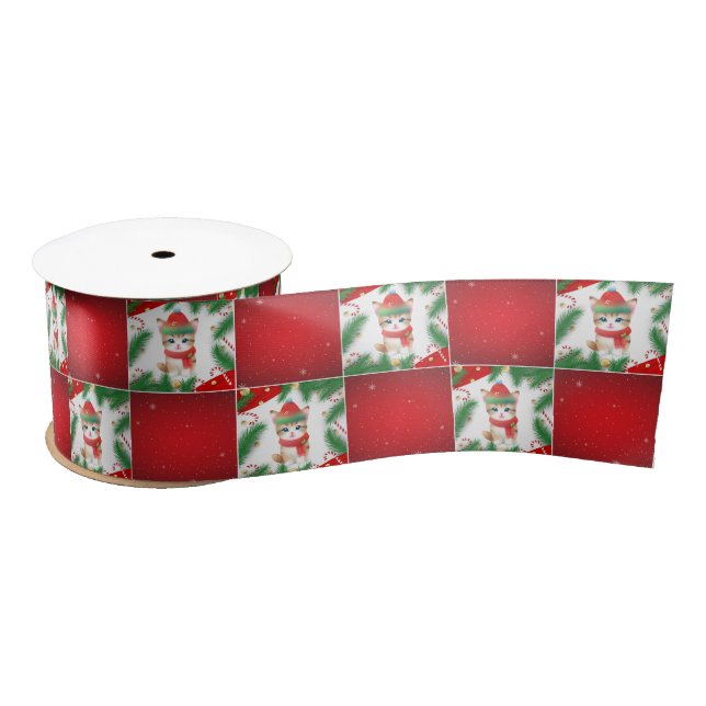 Modern Cute cat Santa Xmas Holly chequered Pattern Satin Ribbon (Spool)