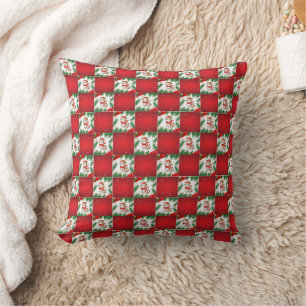 Modern Cute cat Santa Xmas Holly chequered Pattern Throw Pillow