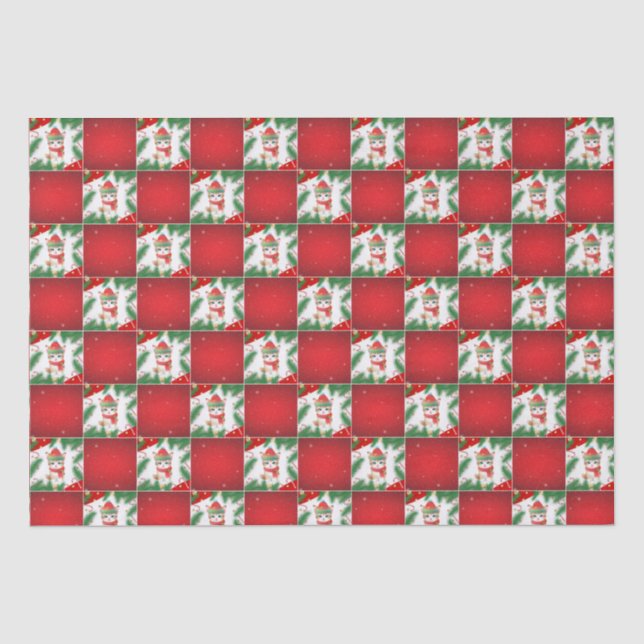 Modern Cute cat Santa Xmas Holly chequered Pattern Tissue Paper (Front)