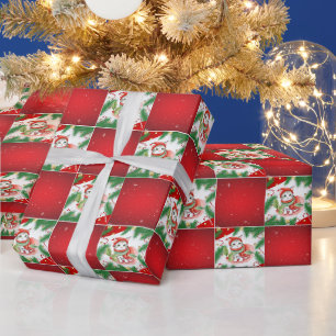 Modern Cute cat Santa Xmas Holly chequered Pattern Wrapping Paper