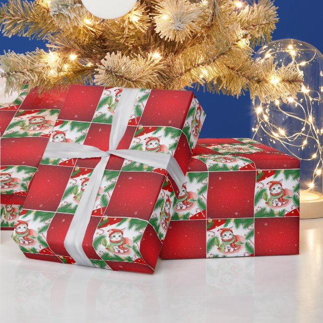 Modern Cute cat Santa Xmas Holly chequered Pattern Wrapping Paper (Holidays)