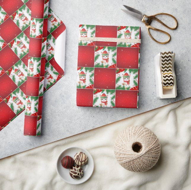 Modern Cute cat Santa Xmas Holly chequered Pattern Wrapping Paper (Crafts)