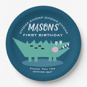 Modern Cute Chomping Alligator Safari Birthday Paper Plate