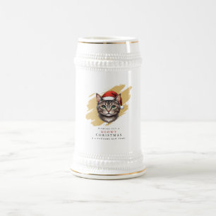 Modern Cute Christmas Cat with Santa Hat Beer Stein