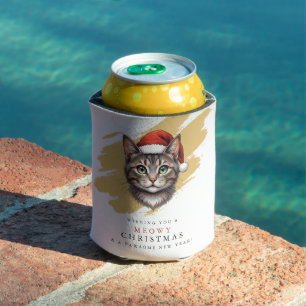 Modern Cute Christmas Cat with Santa Hat Can Cooler