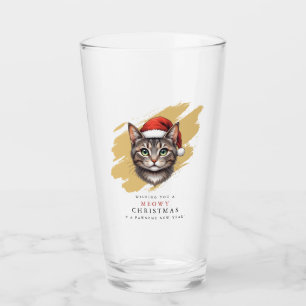 Modern Cute Christmas Cat with Santa Hat Glass