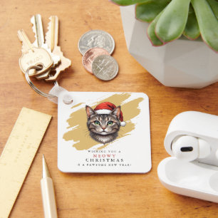 Modern Cute Christmas Cat with Santa Hat Keychain