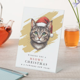 Modern Cute Christmas Cat with Santa Hat Pedestal Sign