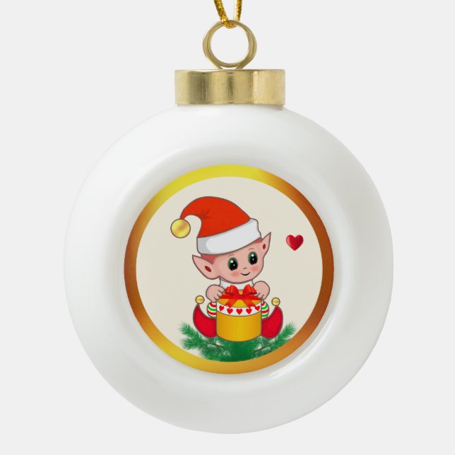 Modern Cute Christmas Elf Ceramic Ball Christmas Ornament (Front)