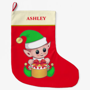Modern cute Christmas elf & gift box on red Large Christmas Stocking