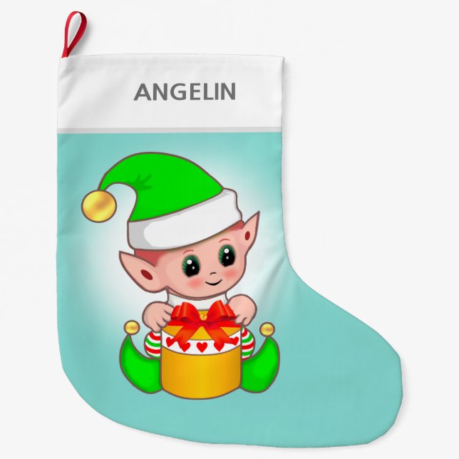Modern cute Christmas elf on light blue Large Christmas Stocking (Front)