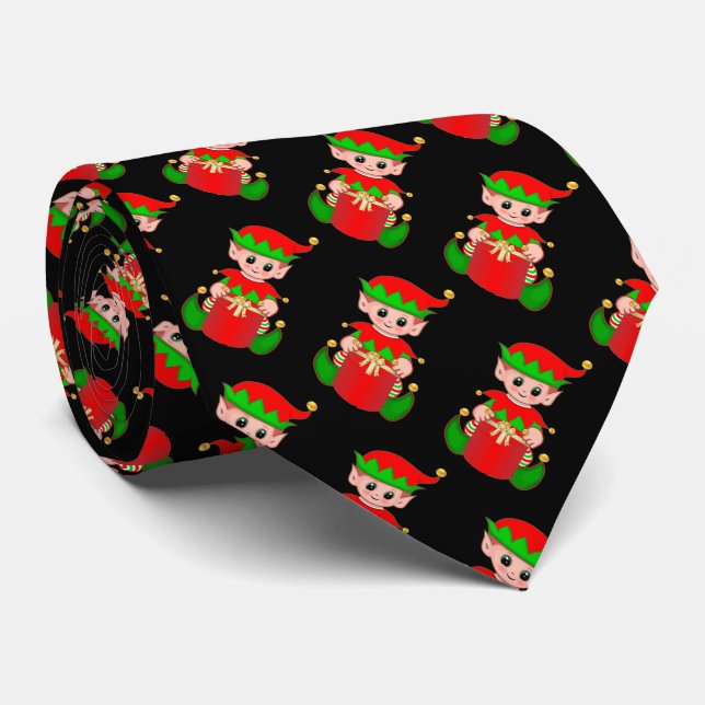 Modern Cute Christmas Elf  Pattern on Black Tie (Rolled)